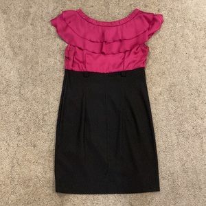 Dressbarn Sheath Dress, Fuchsia Ruffle Bodice, Black Stretchy Skirt